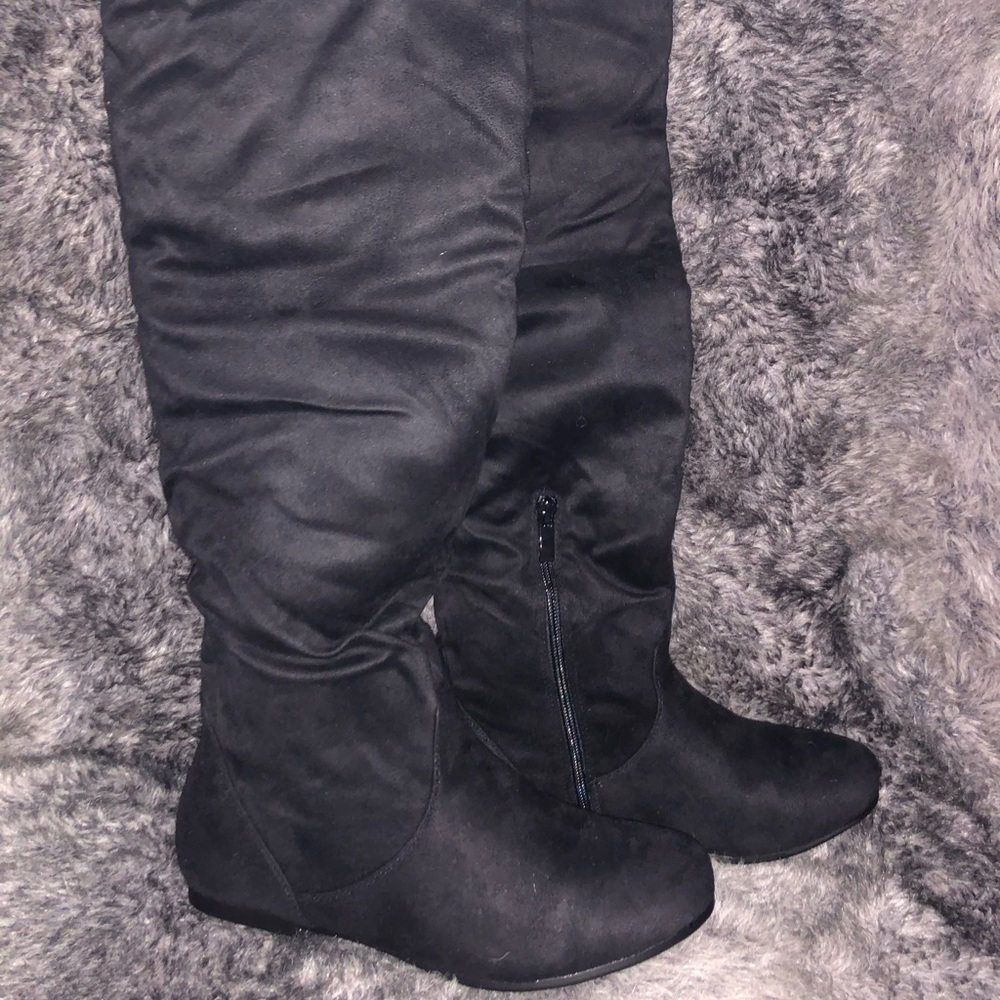 Black suede flat over the knee high boots